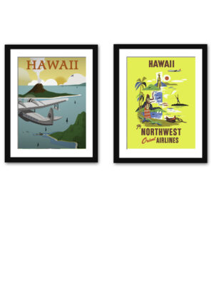 Vintage Hawaii travel poster with vibrant depiction of classic Hawaiian scenery and mid-century art style.